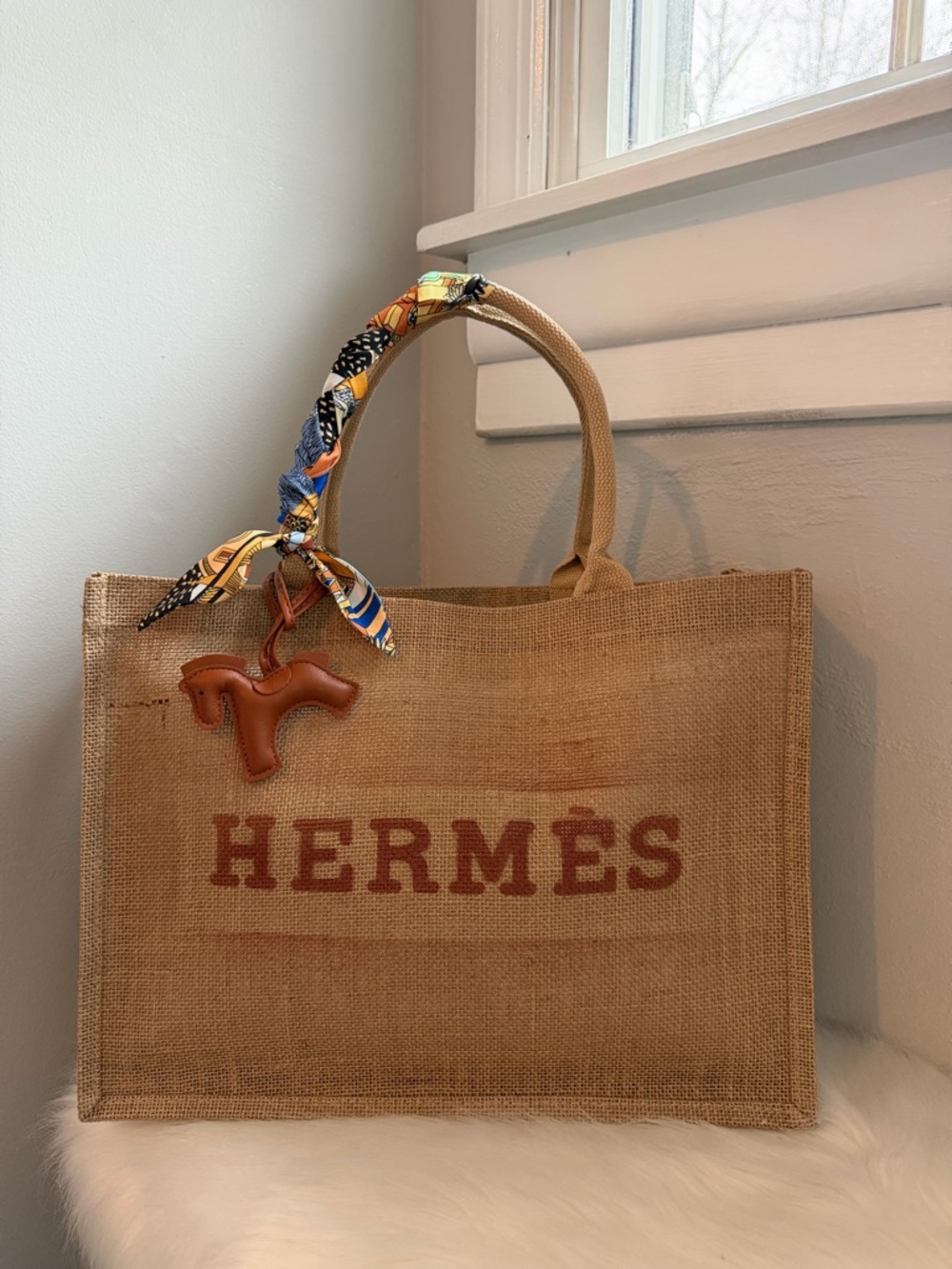 Luxury Brown Jute Tote with Orange Scarf Handle - Picture 5 of 5